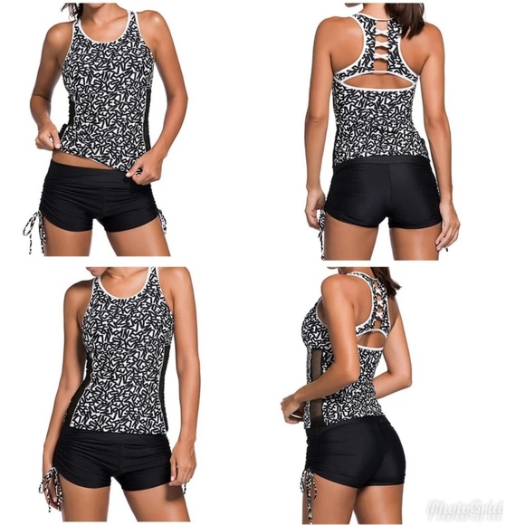 2 piece RACERBACK MESH STRAPPY TANKINI BOYSHORT - Picture 3 of 4